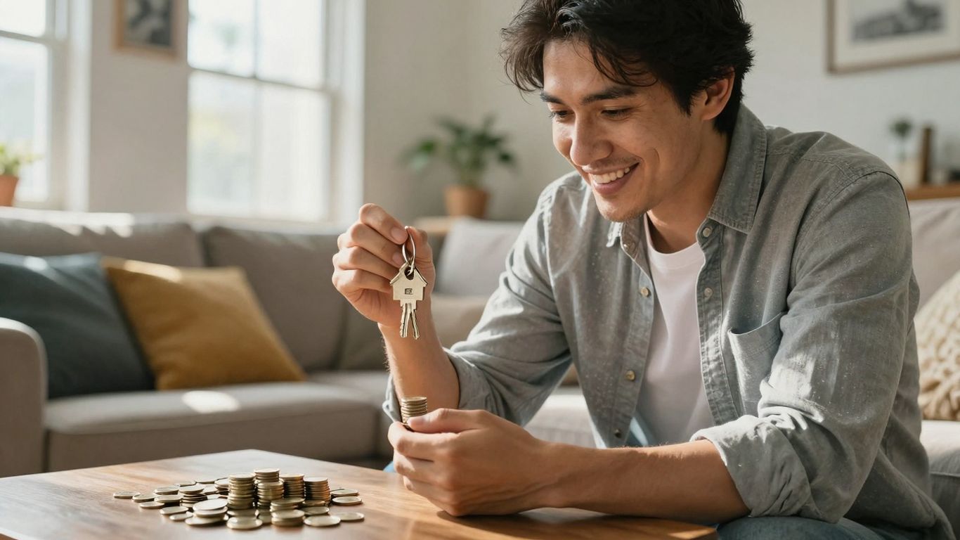 Homeowner with coins and house key, financial relief.