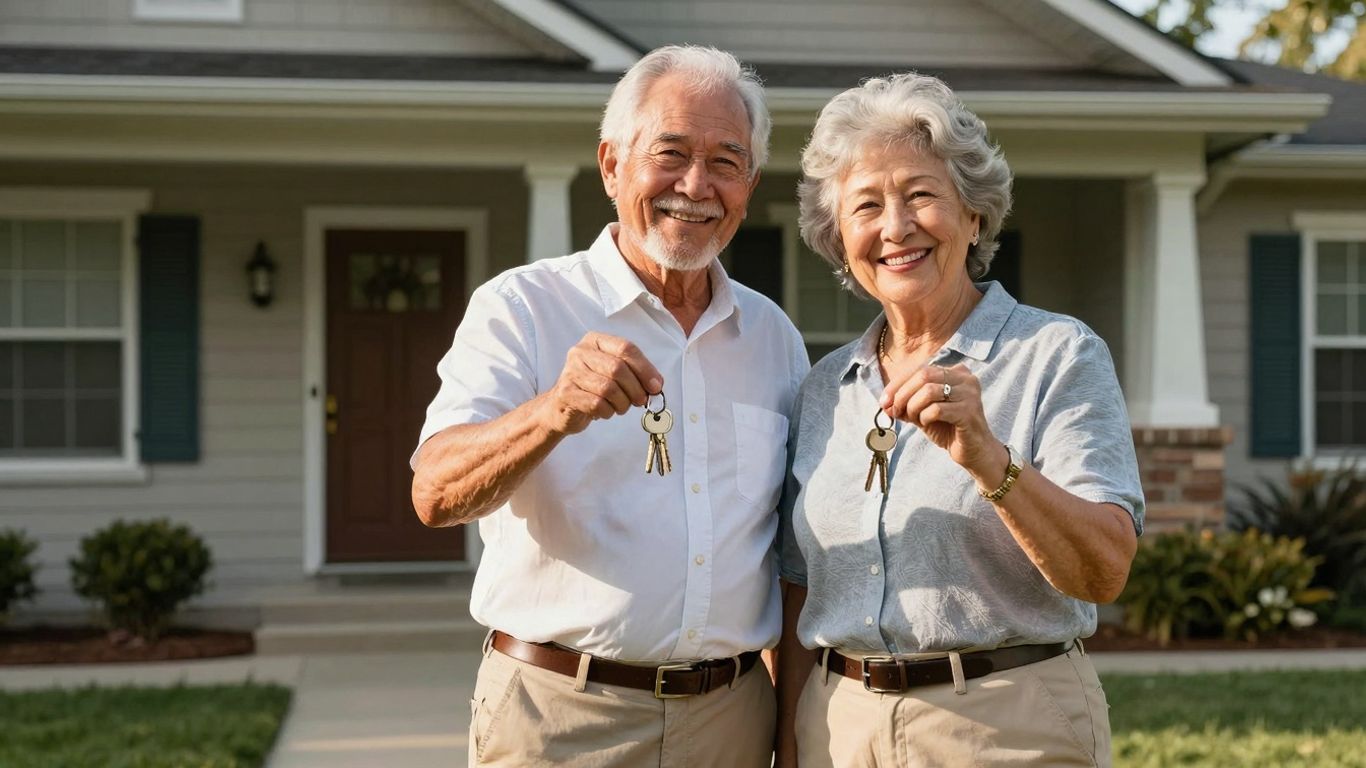 Veteran couple with keys in front of their home.