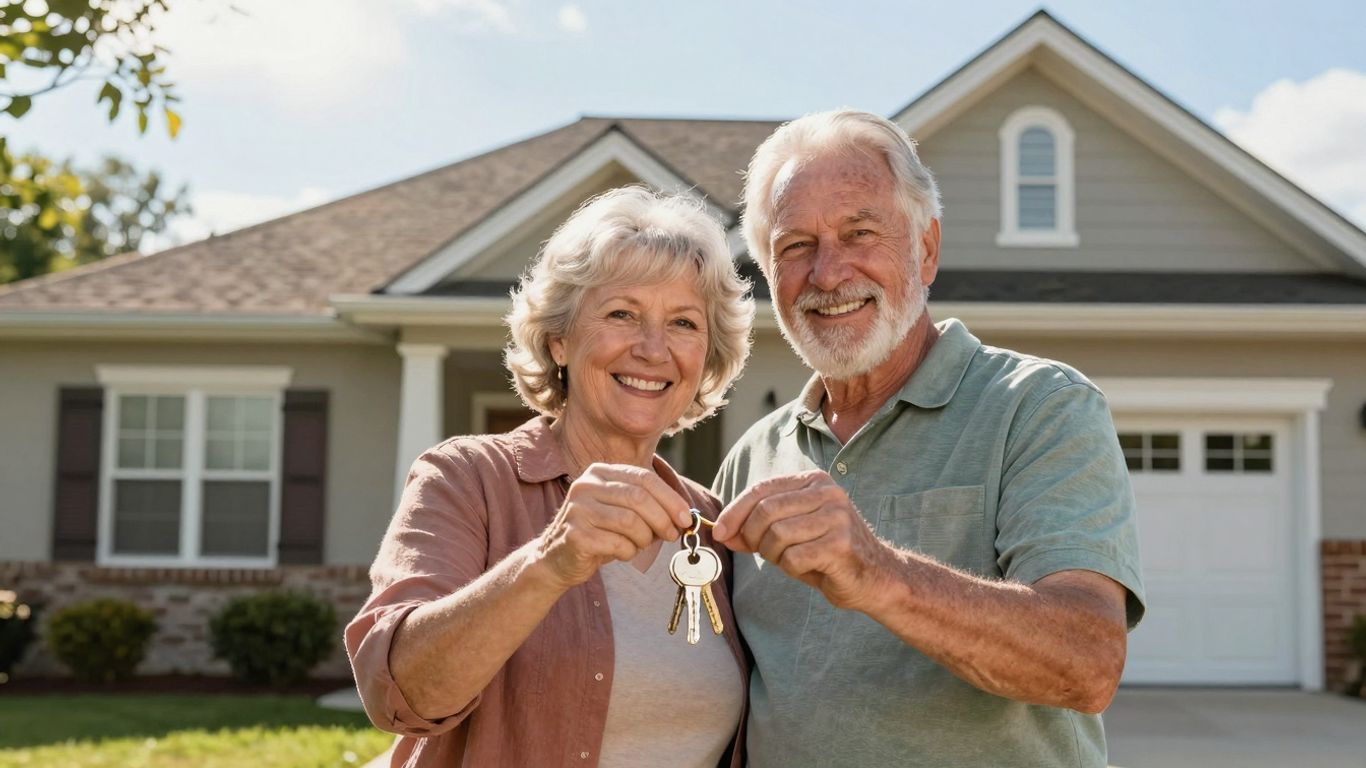 Veteran couple with keys in front of their home.