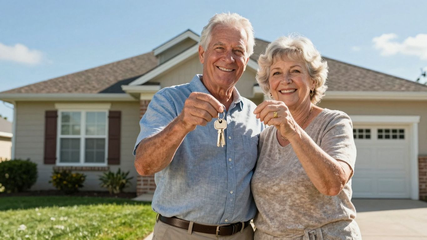 Veteran couple with keys in front of their home.