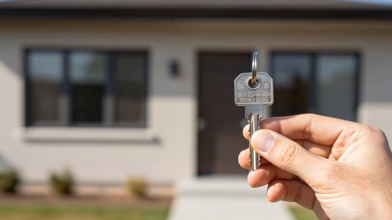 Person holding house key, considering mortgage refinance options.