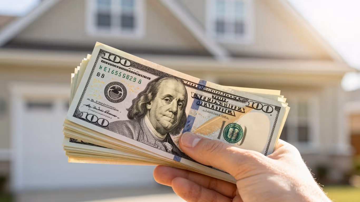 Hand holding money with house background