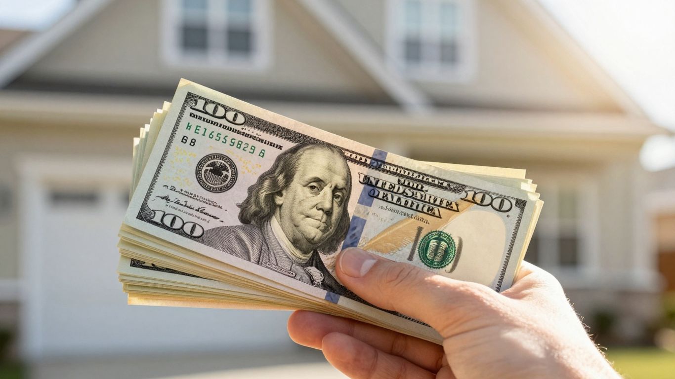 Hand holding money with house background