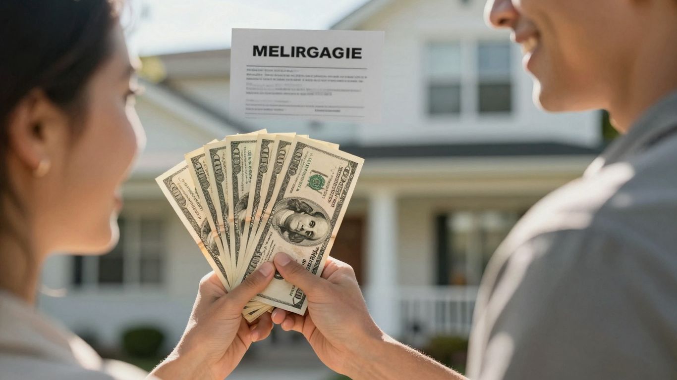 Happy homeowner with cash and house.