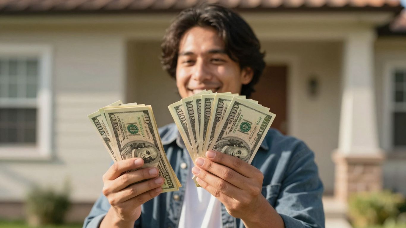 Happy homeowner with cash and house.