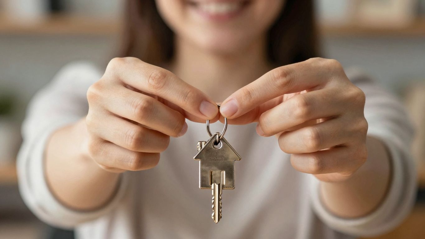 Person holding house key, financial growth background