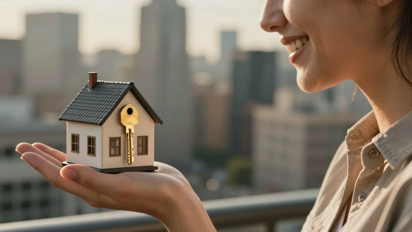 Person holding a golden key in front of a house.