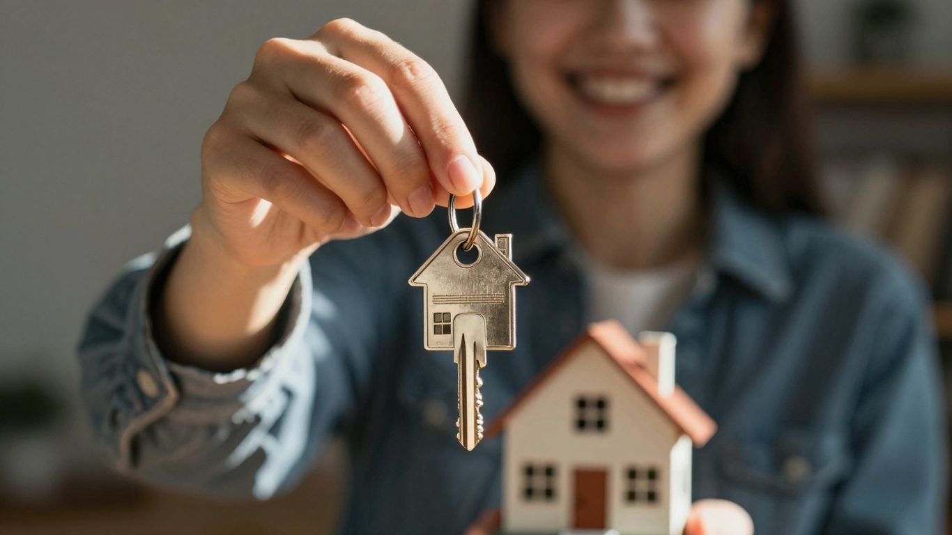 Person holding a large house key, symbolizing mortgage refinance savings.