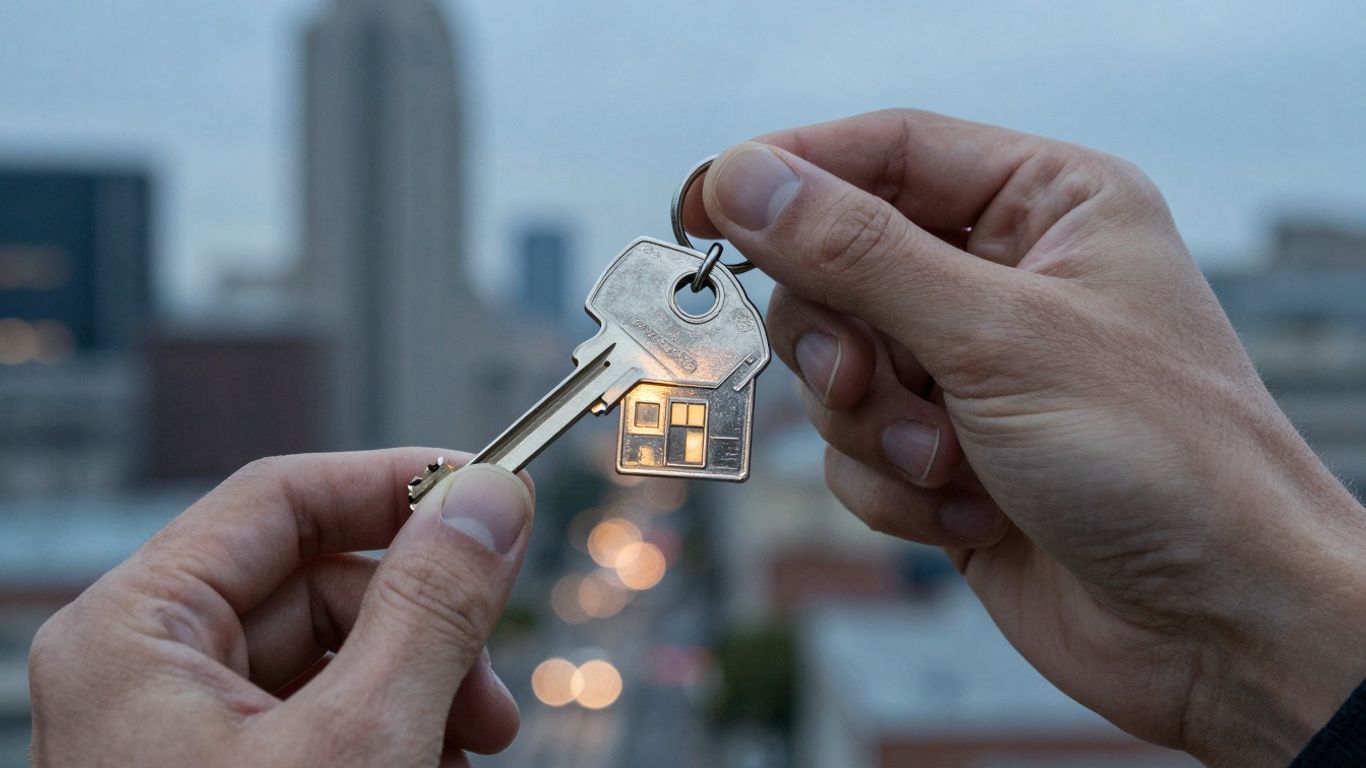 Jumbo mortgage refinance concept with house key and cityscape.