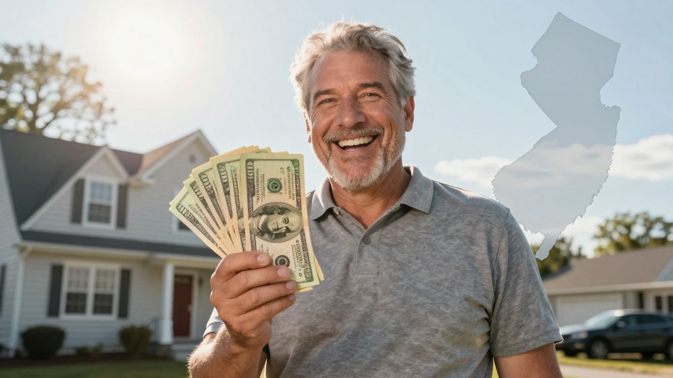 New Jersey homeowner with cash, house, and state outline.