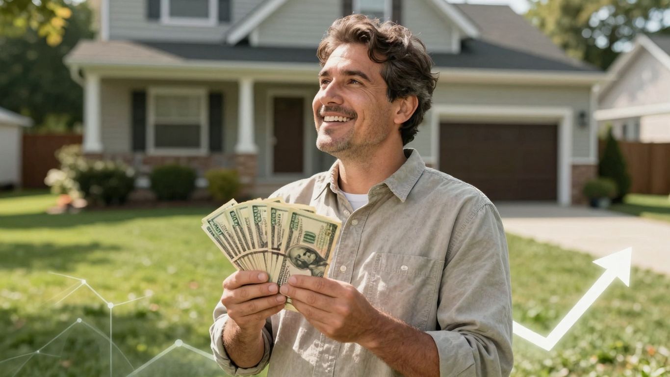 New Jersey homeowner with cash, looking at house.