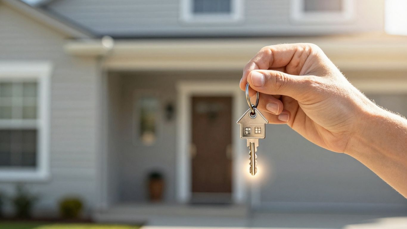 Person holding house key, symbolizing mortgage refinance savings.