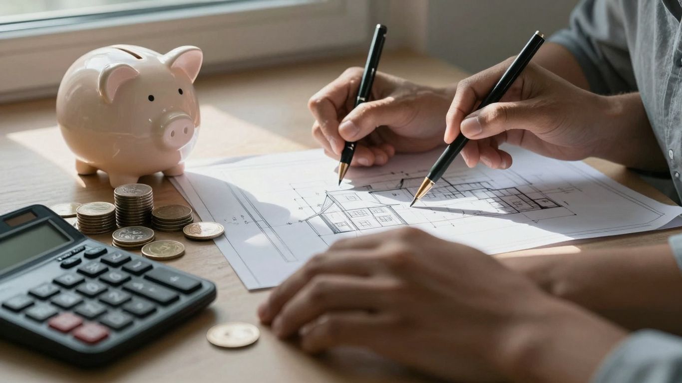 Person reviewing house plans with savings symbols.