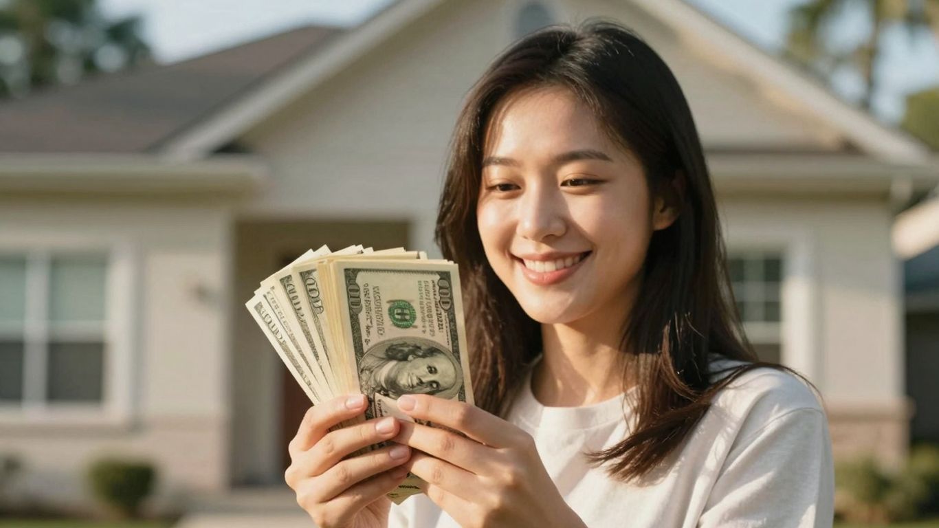 Person holding money with house in background