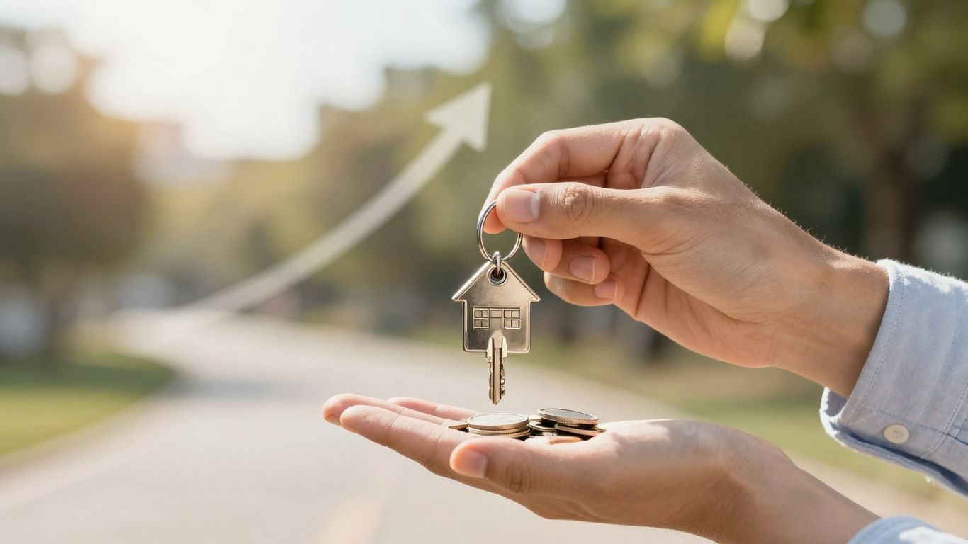 Person holding house key, symbolizing financial savings.