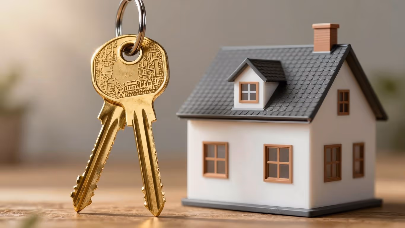 House with golden key, sunlight, financial opportunity