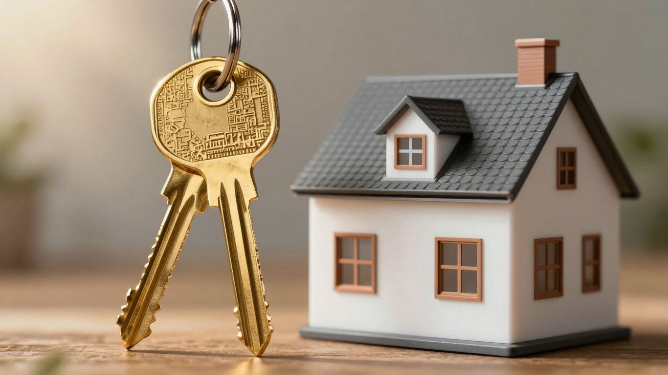 House with golden key, sunlight, financial opportunity