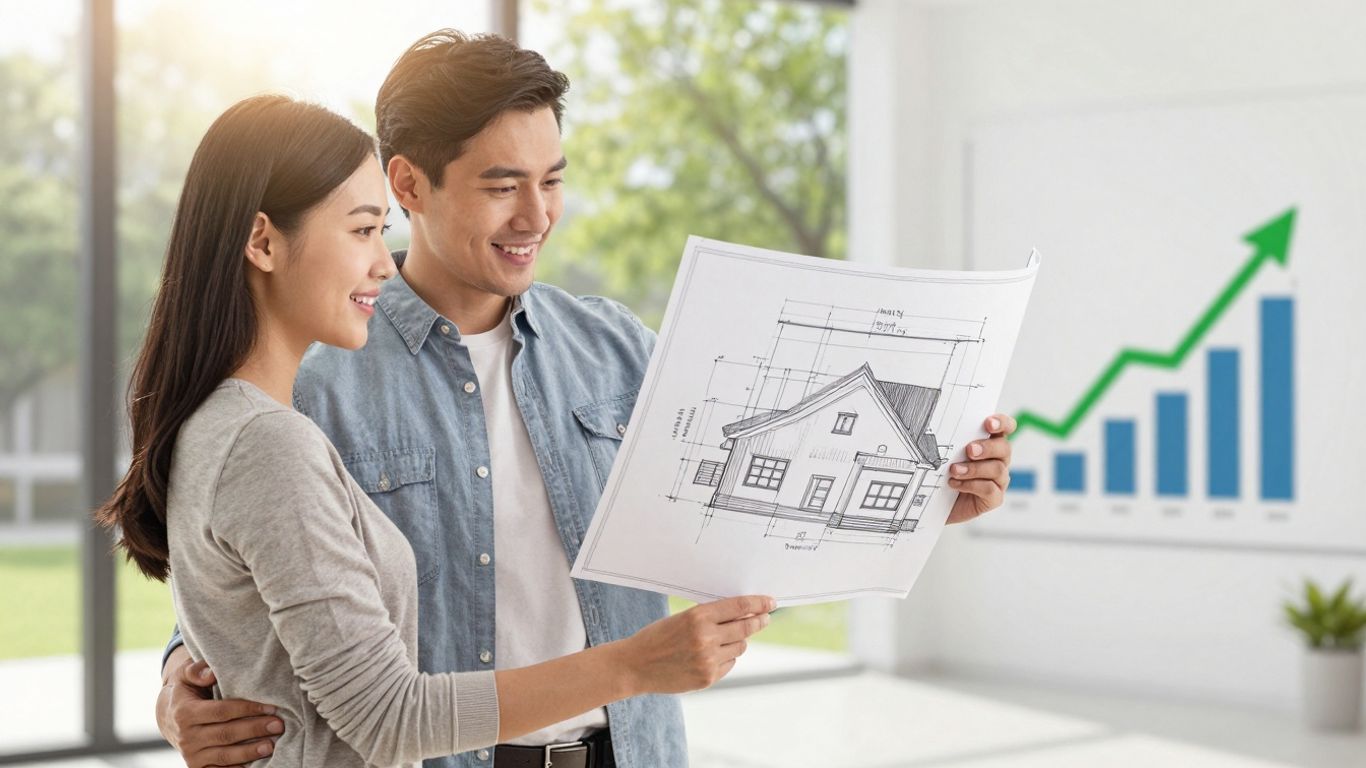 Couple reviewing house plans, symbolizing financial future.
