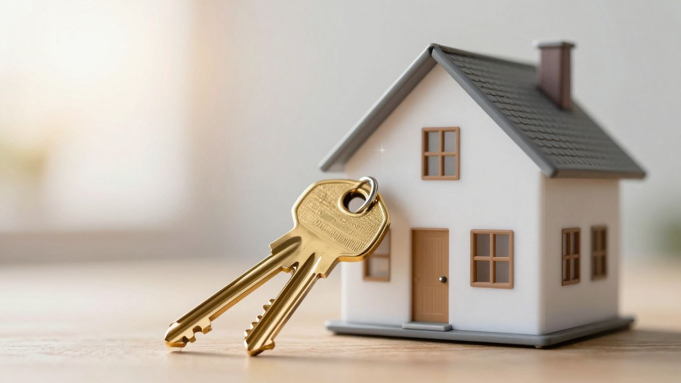 House with golden key, sunlight, financial prosperity