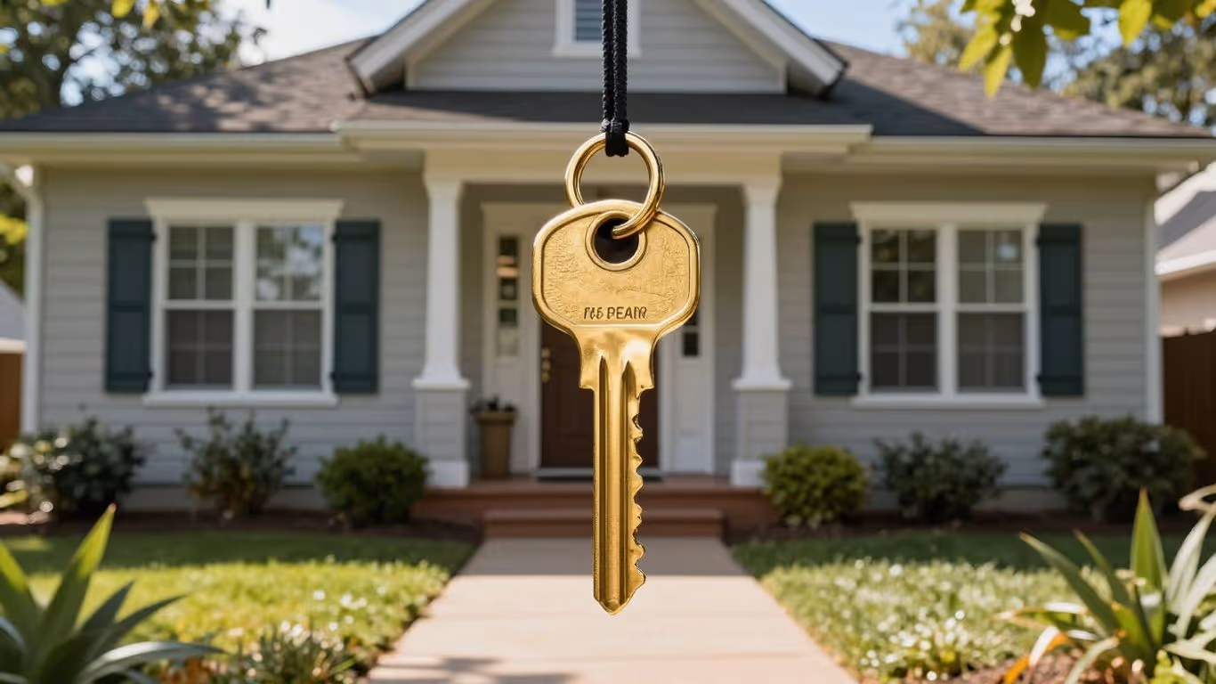 House with golden key, sunlight, green landscaping.