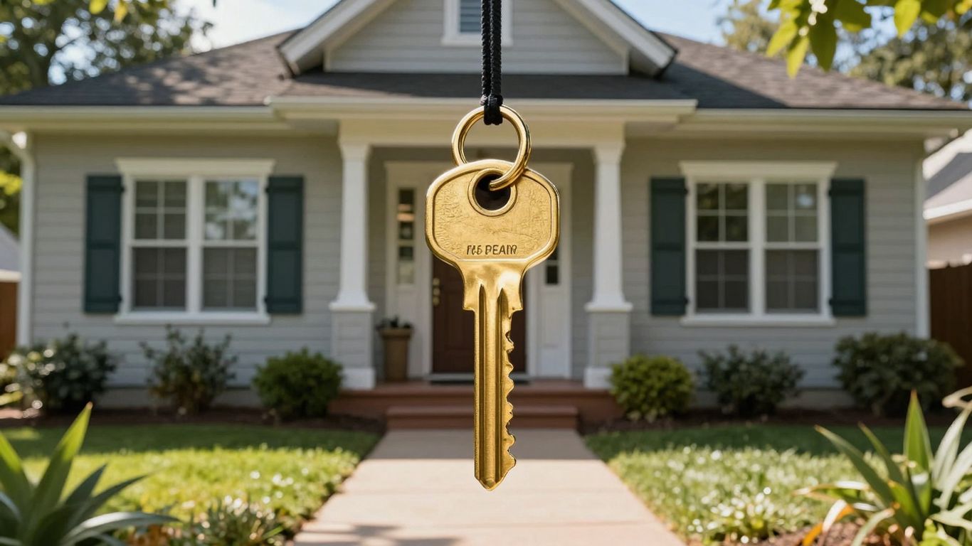 House with golden key, sunlight, green landscaping.