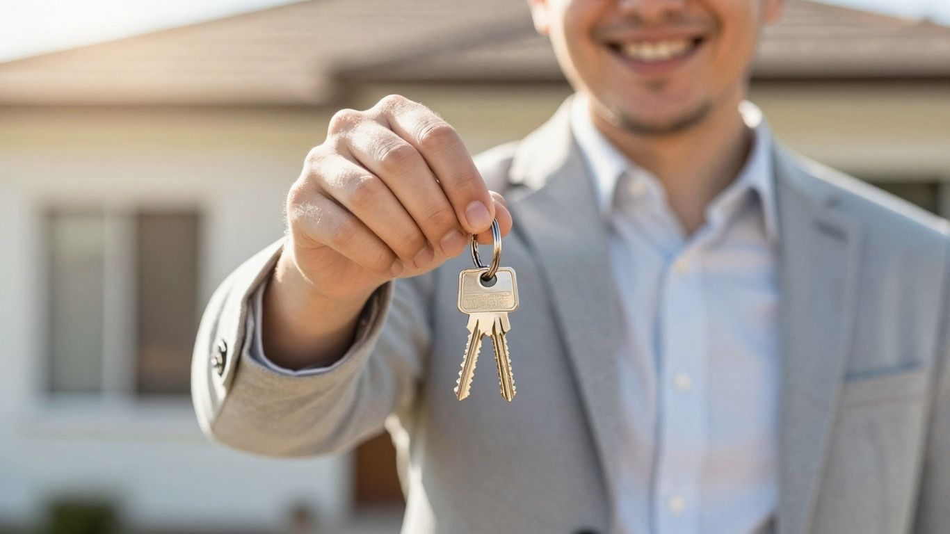 Person holding house keys, smiling.