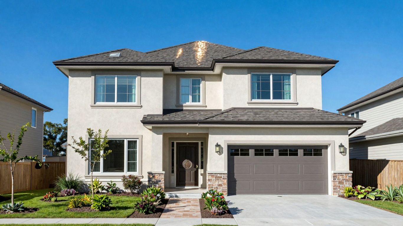 Modern house with green landscaping under a blue sky.