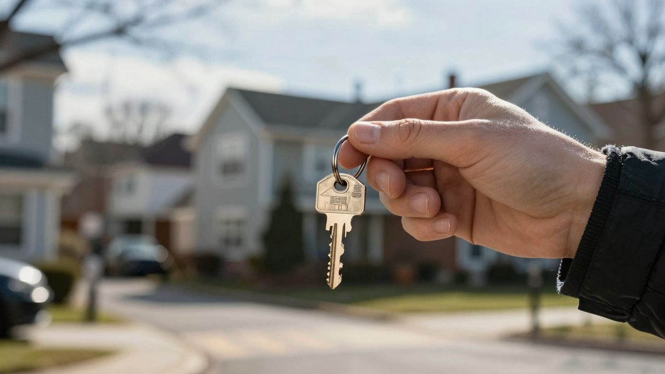 Person holding house key, considering mortgage refinance.