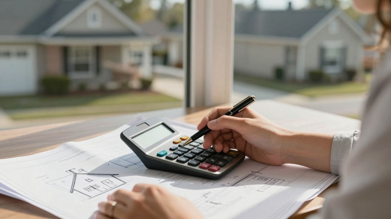 Person reviewing mortgage refinance options with calculator and blueprint.
