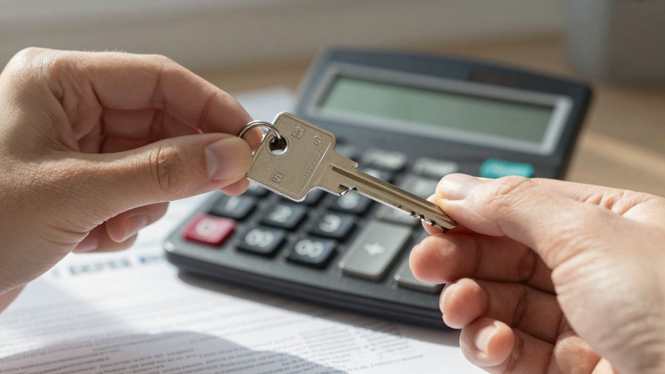 Person holding house key, considering mortgage refinance.