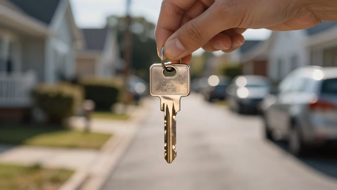 Hand holding house key, residential street background