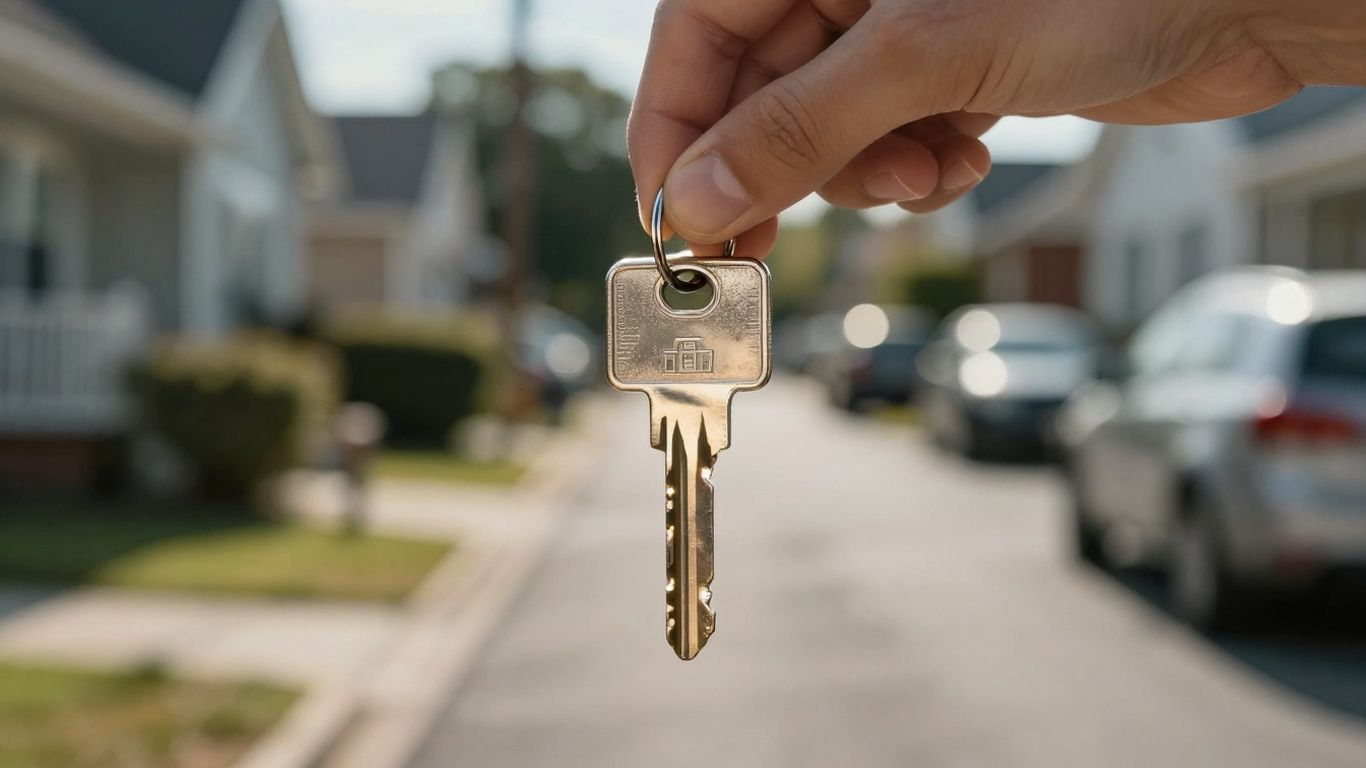 Hand holding house key, residential street background