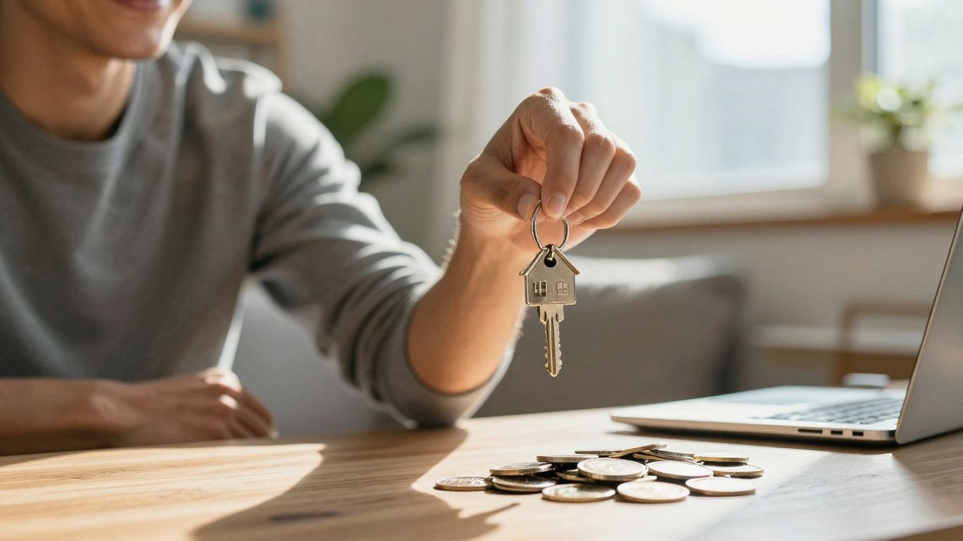 Person holding house key, financial growth background