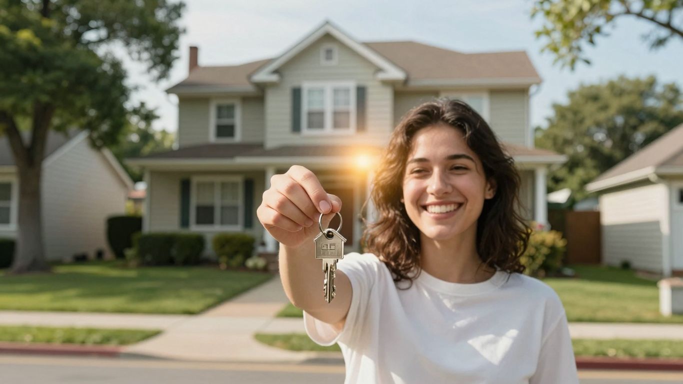 Person holding house key, happy about mortgage refinance.