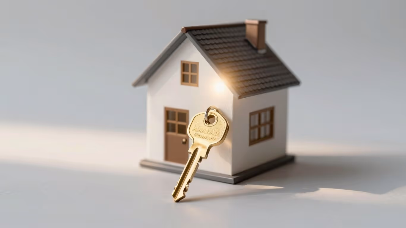House with golden key, bright sunlight, optimistic mood.