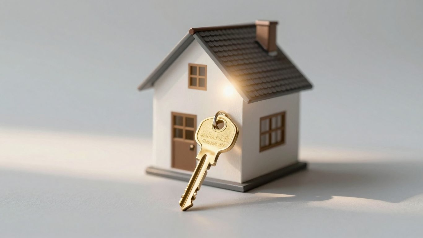 House with golden key, bright sunlight, optimistic mood.