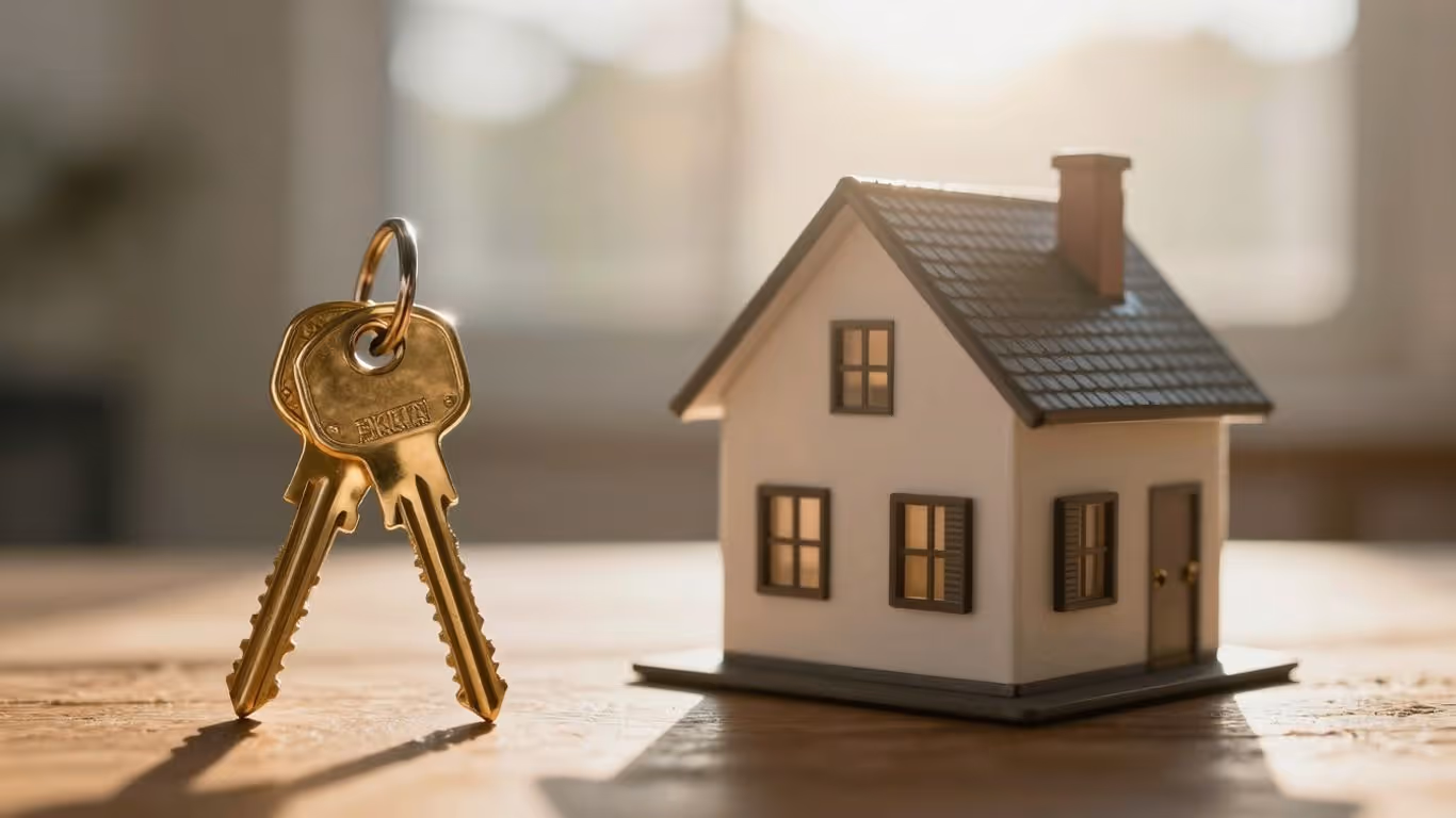 House with golden key, sunlight, financial opportunity