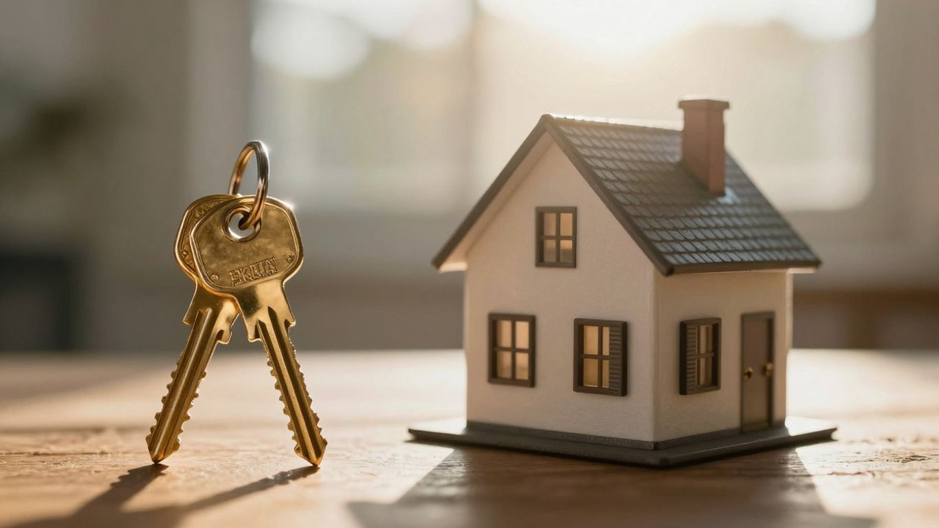 House with golden key, sunlight, financial opportunity