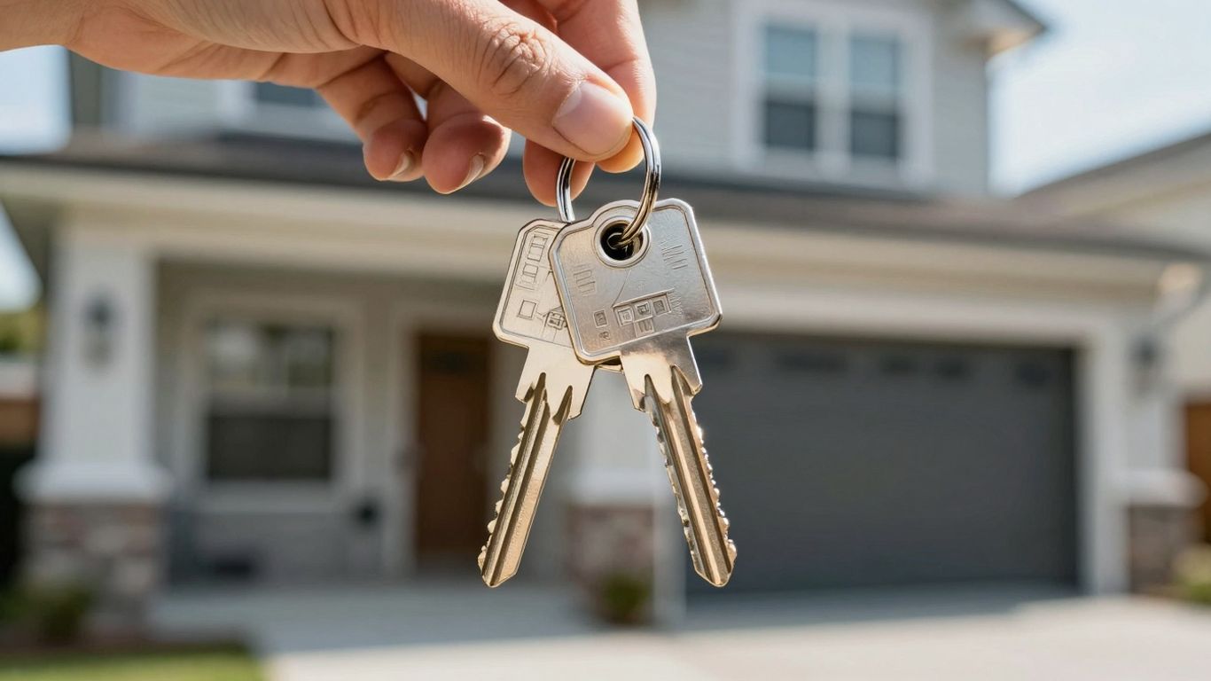 House key with a home in the background.