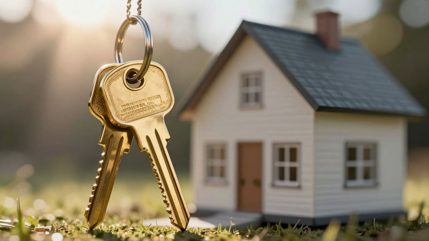 House with golden key, sunlight, financial opportunity