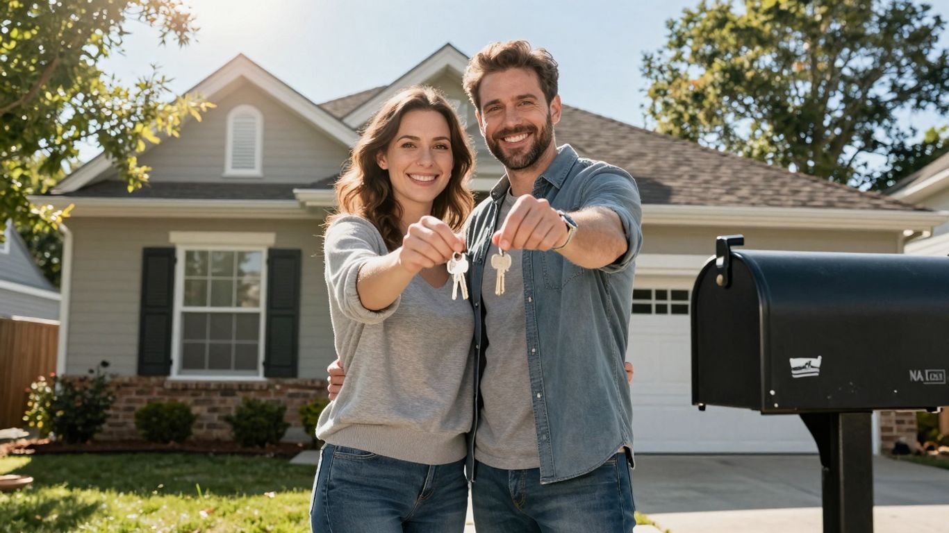 Couple with keys in front of VA-approved home.