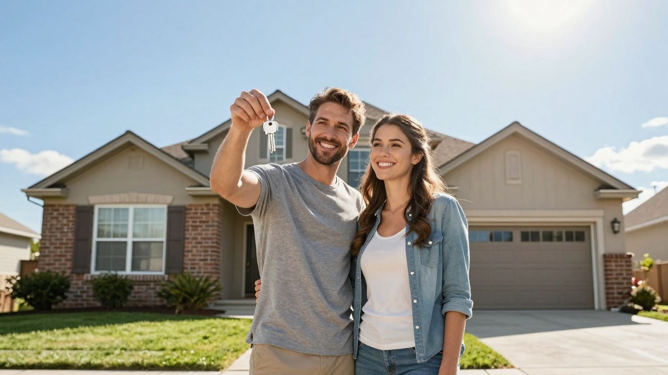 Couple holding keys in front of a house.