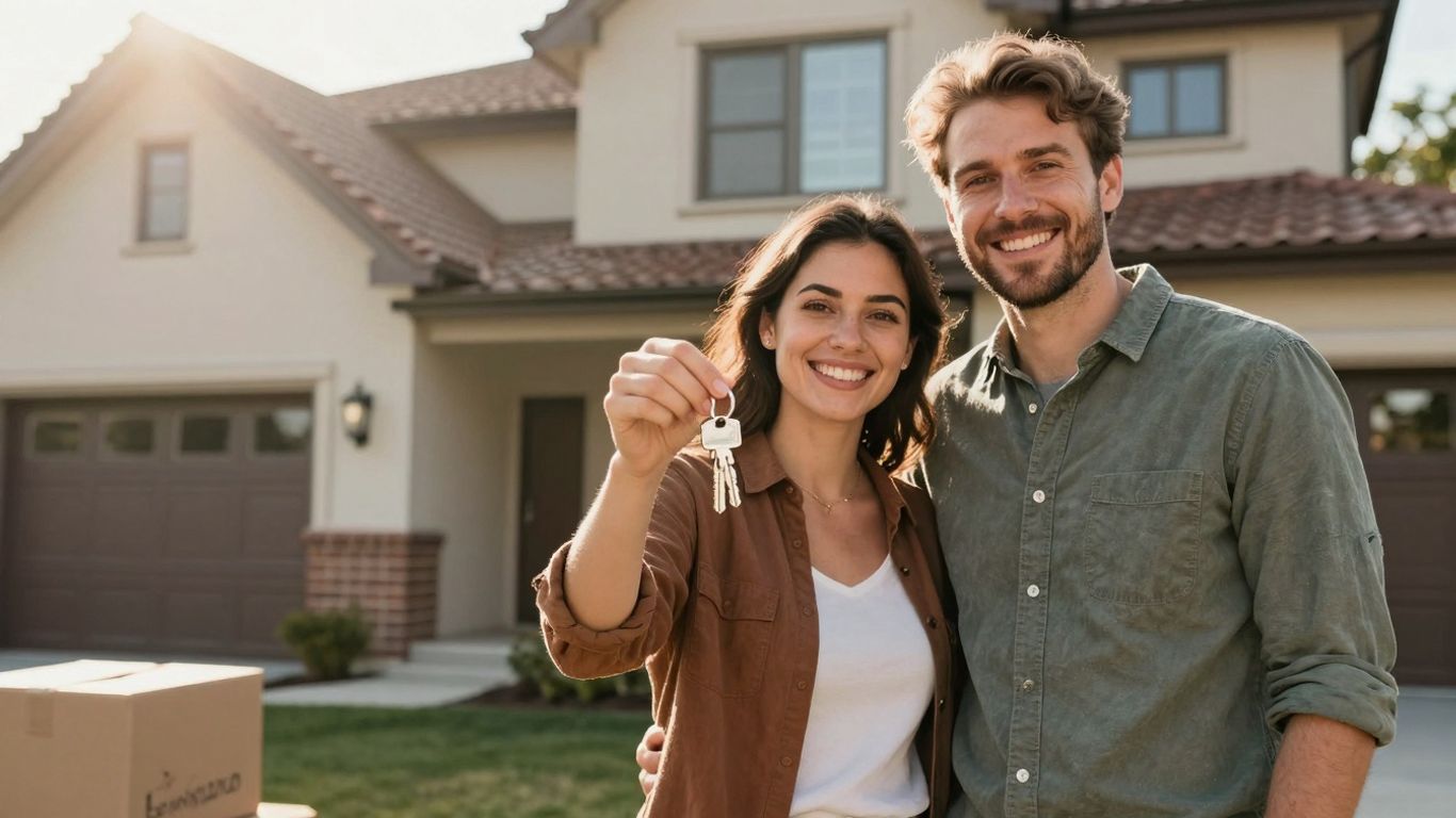 Couple holding keys in front of a new home.