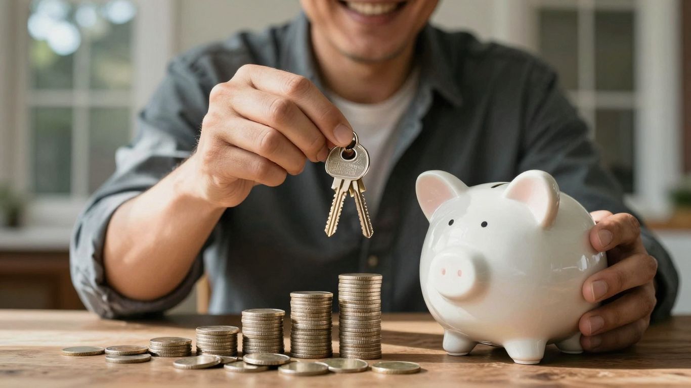 Homeowner with keys, coins, and piggy bank.