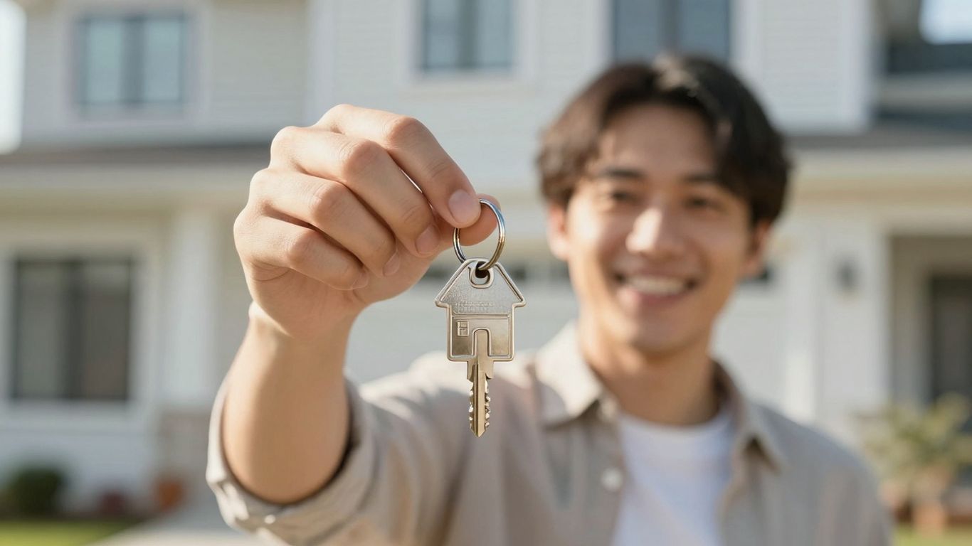 Person holding house key, smiling, symbolizing mortgage savings.