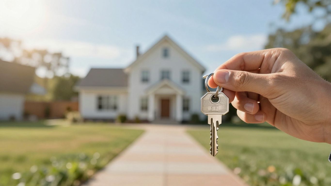 Person holding house key, financial growth background.