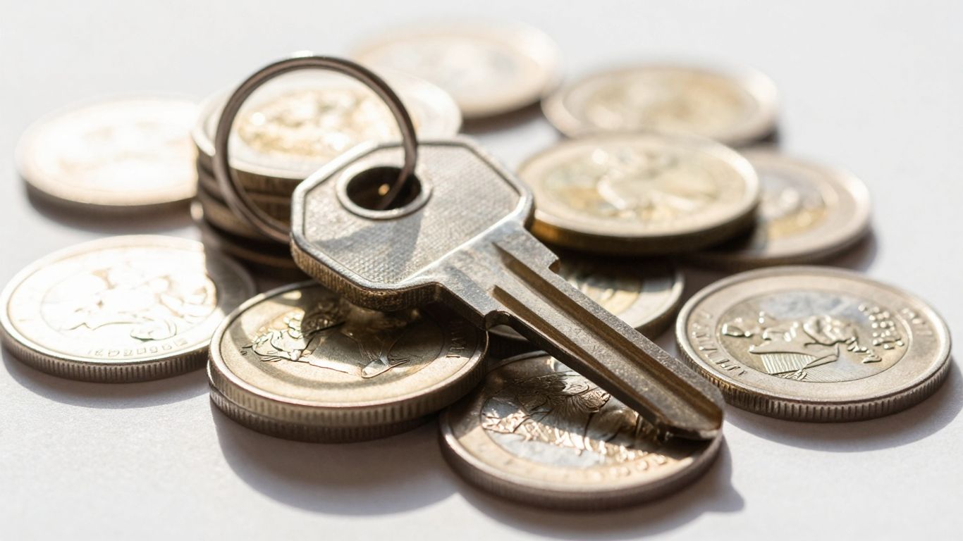 House key on coins, symbolizing savings and homeownership.