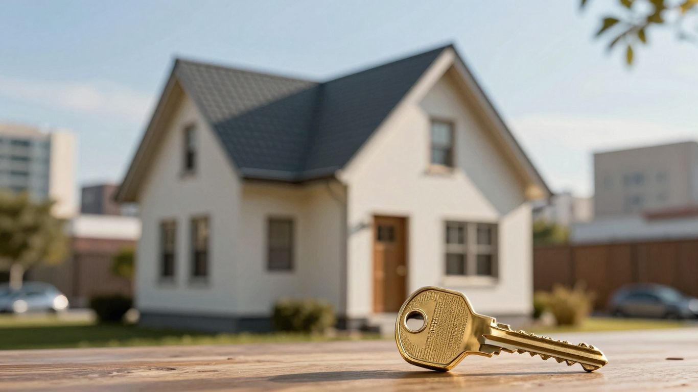 House with golden key and cityscape background