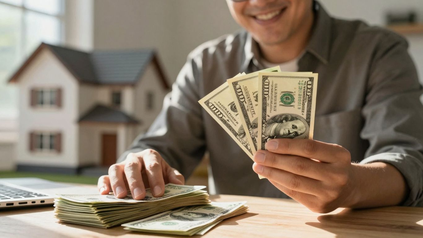 Homeowner with money and house, happy about mortgage refinance.