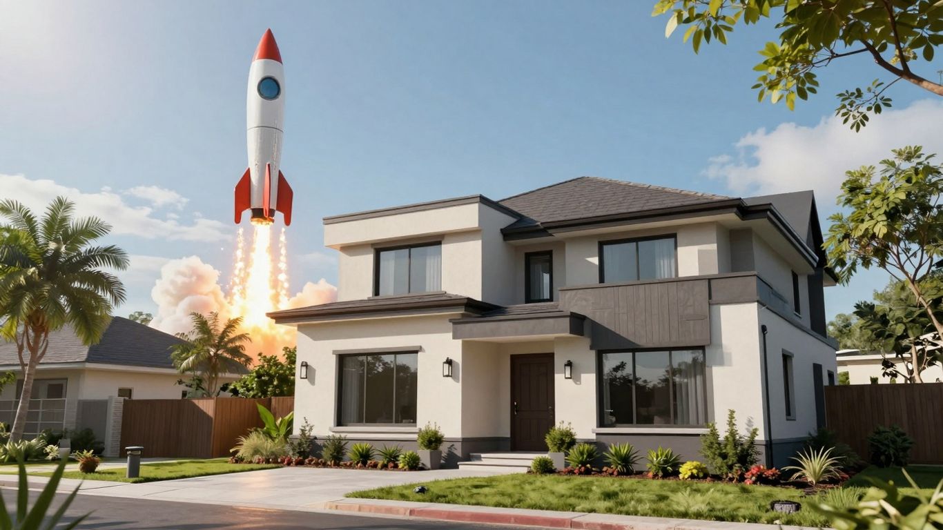 Rocket launching behind a house, symbolizing refinance.